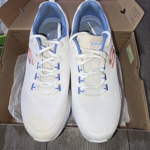 Skechers Size 9.5  Athletic Sneakers in White with Blue & Pink Accents